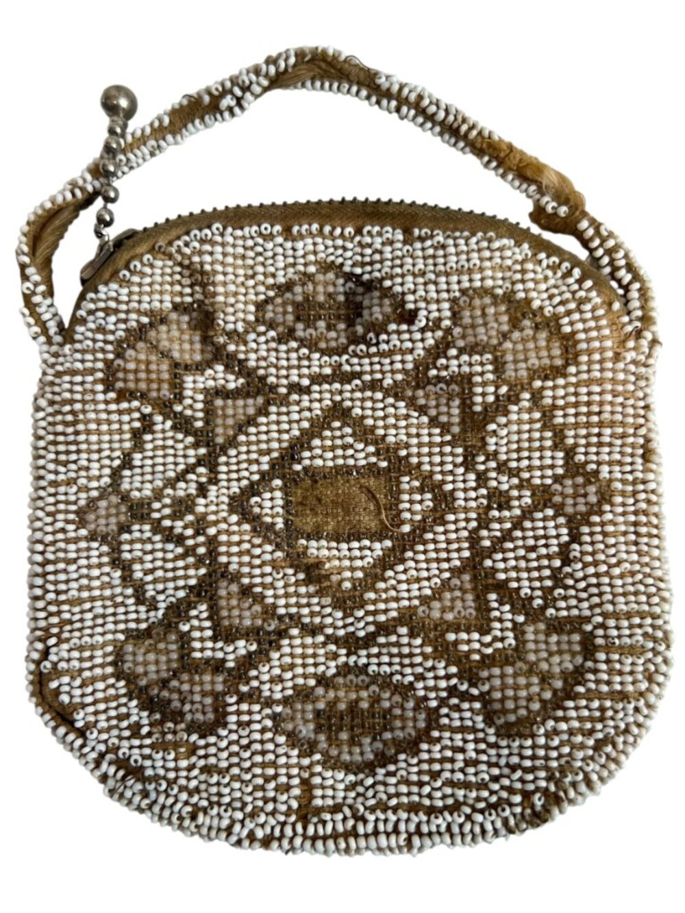 Vintage beaded pouch purse extra small brown white 1930s 1940s Wico zipper